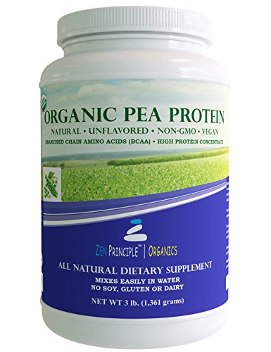 Product Cover 3 lb. Ultra Premium Organic Pea Protein Powder. USDA Certified ONLY from USA and Canada Grown Peas. No GMO, Soy or Gluten. Vegan. Full Spectrum Amino Acids (BCAA). More Protein than Whey. 80% Protein.