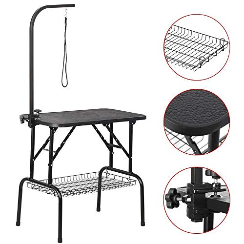 Product Cover Yaheetech Foldable Pet Dog Grooming Table with Adjustable Height Arm 32-inch Drying Table w/Mesh Tray/Noose for Small Dogs Cats Non-Slip Maximum Capacity Up to 220lbs Black