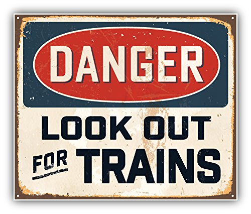 Product Cover Danger Look Out For Trains Vintage Metal Sign Art Decor Bumper Sticker 5'' x 4''
