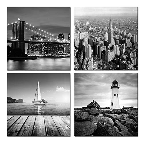 Product Cover sechars - New York City Canvas Print,Black and White Brooklyn Bridge,Empire State Building,Seascape Lighthouse Pictures Giclee Print on Canvas,Landscape Canvas Wall Art Ready to Hang