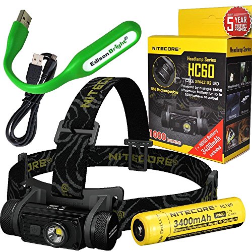 Product Cover Nitecore HC60 1000 Lumens CREE XM-L2 U2 LED dual-form compact headlamp bundled with NL189 rechargeable Li-ion battery and EdisonBright USB powered LED reading light