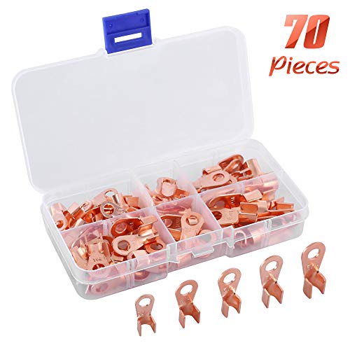 Product Cover Icstation Open Barrel, Ring Lug Terminals Assortment Kit, Pure Copper Wire Crimp Terminal 10A 20A 30A 40A 50A Current Capacity (Pack of 70)