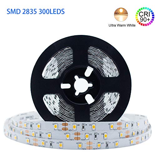 Product Cover LightingWill LED Strip Lights CRI90 SMD2835 300LEDs 16.4Ft/5M Ultra Warm White 2700K-3000K DC12V 60W 60LEDs/M 12W/M 8mm White PCB Flexible Ribbon Strip with Adhesive Tape Non-Waterproof H2835UWW300N