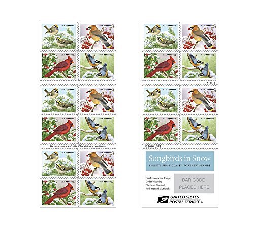 Product Cover Songbirds in Snow Forever First Class Postage Stamps Brighten Cold Winter Days 1 Sheet of 20 Stamps
