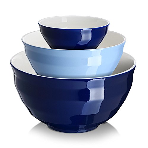 Product Cover DOWAN Ceramic Mixing Bowls, Serving Bowl Set, Non Slip and Beautiful Outer Design, 0.5 Quart 2 Quart 3.2 Quart, Cooking Supplies, Blue