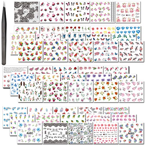 Product Cover KINGMAS 50 Sheets Different Styles Pattern DIY Nail Art Stickers Transfer Watermark Nail Stickers with Tweezers