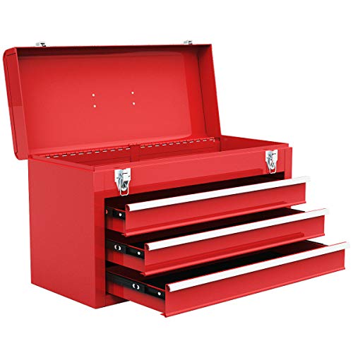 Product Cover Goplus Tool Chest 20-Inch Portable Tool Box Steel Cabinet w/ 3 Drawers and Top tray, Red