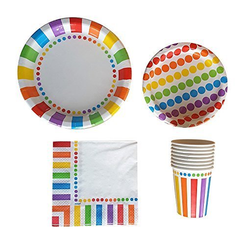 Product Cover Rainbow Party Supplies Pack for 16 Guests - Including Dinner Plates, Dessert Plates, Cups, and Napkins
