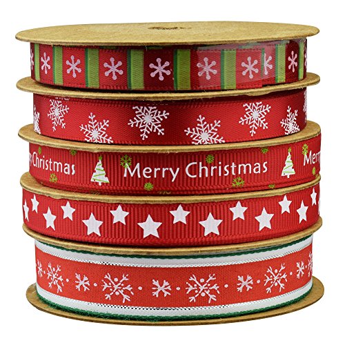 Product Cover Fowod Christmas Ribbon,Mixed 0.39 inch and 0.59 inch, 16 feet Each roll (Red)