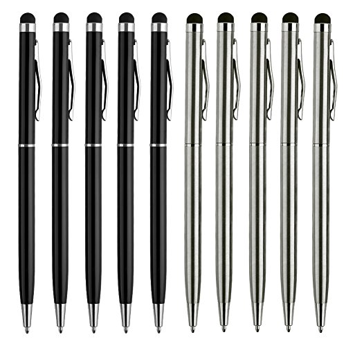 Product Cover Stylus Pen,UROPHYLLA 10pcs Universal 2 in 1 Capacitive Stylus Ballpoint Pen for iPad,iPhone,Samsung,HTC,Kindle,Tablet,All Capacitive Touch Screen Device(5 Black,5 Sliver)