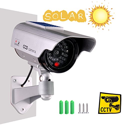 Product Cover Dummy Fake Security Camera,ISEEUSEE Solar Powered Fake Surveillance Camera with Flash LED Dummy Bullet Simulated CCTV Camera,Indoor Outdoor Use Good for Home/Office/Shop/Garage - Silver Color