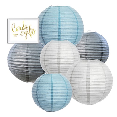 Product Cover Andaz Press Hanging Paper Lantern Party Decor Trio Kit with Free Party Sign, White, Baby Blue, Gray, 6-Pack, for Elephant Boy Baby Shower Baptism Decorations