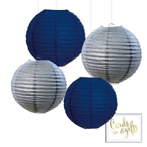 Product Cover Andaz Press Hanging Paper Lantern Party Decor Trio Kit with Gold Party Sign, Navy Blue and Gray, 4-Pack, for Boy Teen Birthday Hanukkah Decorations