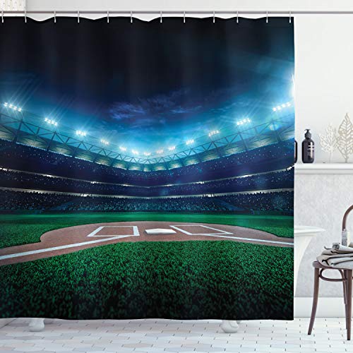 Product Cover Ambesonne Baseball Shower Curtain, Professional Baseball Field at Night Vibrant Playground Stadium League Theme Print, Cloth Fabric Bathroom Decor Set with Hooks, 70