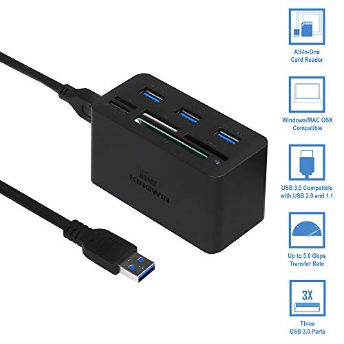 Product Cover Kingwin USB HUB Adapter w/ Memory Card Reader Writer & USB 3.0 HUB Combo - Supports High Speed SD MS Micro M2 CF Card Reader For Macbook, Laptop, Desktop - Includes USB Cable 5 Gbps Speed
