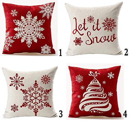Product Cover Andreannie Set of 4 Happy Winter Beige Shadow Various Let It Snow Snowflakes in Red Merry Cotton LinenThrow Pillow Case Personalized Cushion Cover New Home Office Decorative Square 18X18 Inches