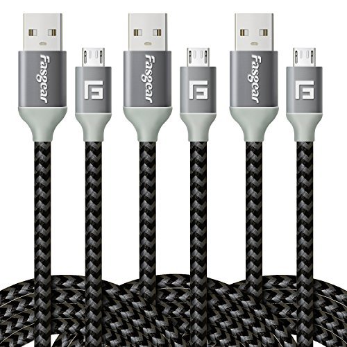 Product Cover Fasgear USB CABLE 2 pcs (6ft/2M) Nylon Braided Tangle-Free Fastest Charge Data Colorful Cable With Metal Connectors For Android, Samsung Galaxy S6/S6 edge, HTC and more (3 PCS Black)