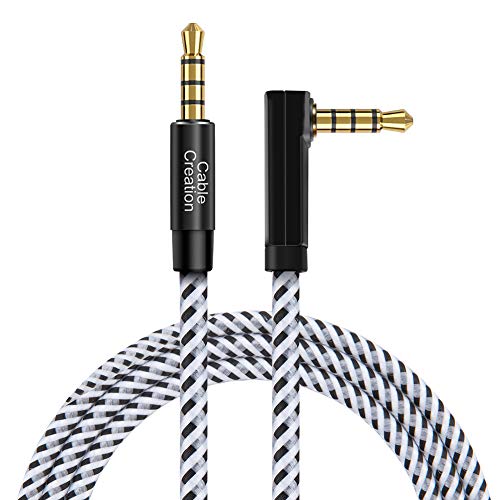 Product Cover CableCreation 1.5 Feet 3.5mm TRRS Auxiliary Audio Cable 90 Degree Right Angle 4-Conductor Auxiliary Stereo Cable (Microphone Compatible), Black and White