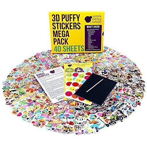 Product Cover 40 Assorted Puffy Sticker Sheets Mega Variety Pack for Kids, Toddlers & Teachers: 950+ Cute 3D Puffy Stickers for Fun & Scrapbooking Activities - Includes Animals, Alphabet, Emoji, Stars, Cars & More!