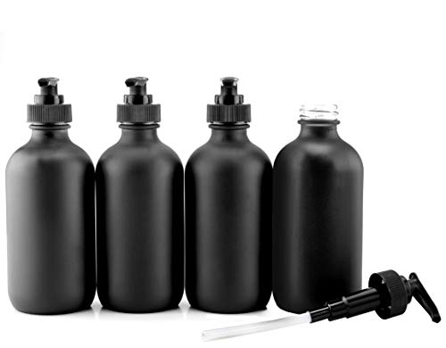 Product Cover Cornucopia Brands Black Coated 8-Ounce Glass Pump Bottles (4-Pack), Black Plastic Pump Nozzles Included; Great for Lotions, Liquid Soap Dispenser & Hand Sanitizer