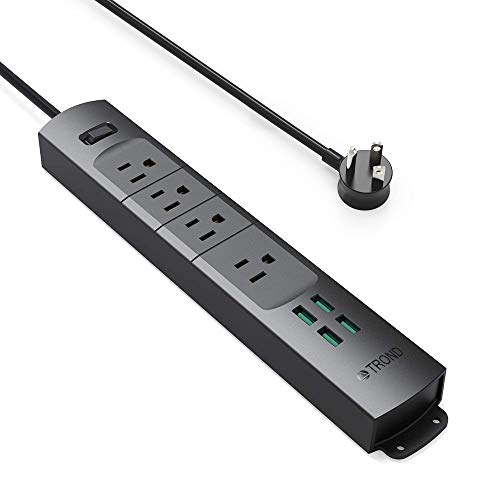 Product Cover TROND Prime II 4-Outlet Mountable Surge Protector Power Bar Strip with USB (4A/20W), Right-Angle Flat Plug, 6.6 Feet Long Cord, for Workbench, Nightstand, Dresser, Home and Office, Black