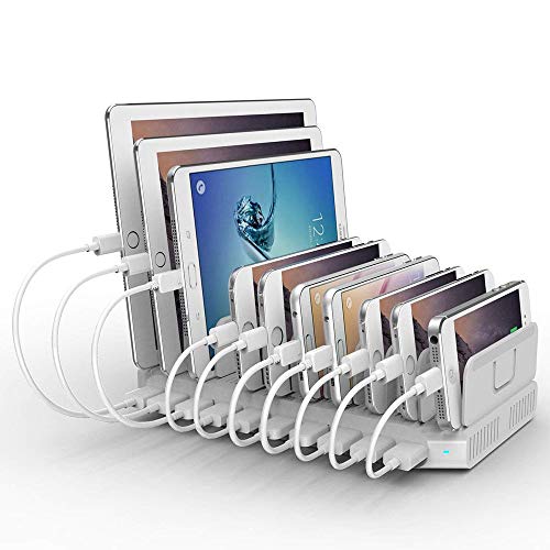 Product Cover iPad Charging Station 96W 10-Port Alxum USB Charging Station Multiple Device USB Charger with Smart IC Tech, Organizer Stand for iPhone X, Xs Max,8,7,6, Samsung Google Nexus LG, Tablets, White