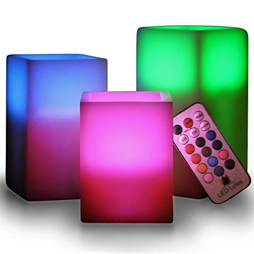 Product Cover LED Lytes Flameless Candles Set of 3 Square Ivory Wax with Flickering Color Changing Flame, auto-Off Timer Remote Control for Christmas Home Decor and Gifts