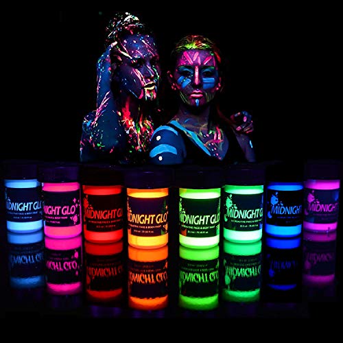 Product Cover Midnight Glo UV Body Paint (8x 0.75oz) Black Light Paint Black Light Makeup Bodypainting Neon Body Paint UV Blacklight Glow Face Paint Neon Fluorescent for Black Light Party, Glow Party, Neon Party