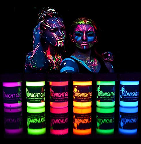 Product Cover UV Neon Face & Body Paint Glow Kit (6 Bottles 0.75 oz. Each) - Top Rated Blacklight Reactive Fluorescent Paint - Safe, Washable, Non-Toxic, By Midnight Glo