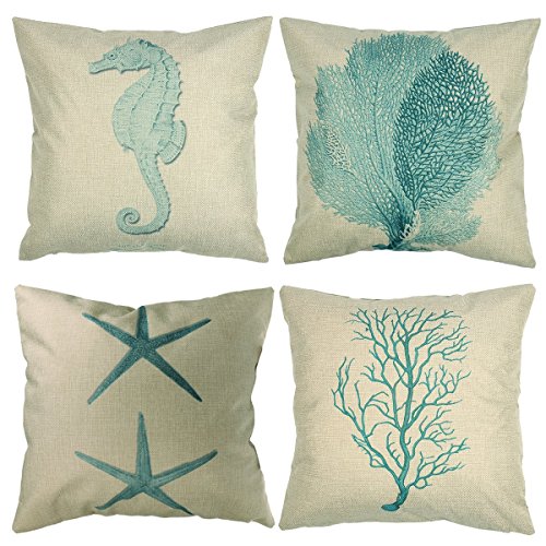 Product Cover Luxbon Set of 4 Pcs Nautical Decor Seaside Themed Cotton Linen Light Green Seahorse Coral Starfish Seaweed Throw Pillow Cases Sofa Couch Chair Decorative Cushion Covers 18