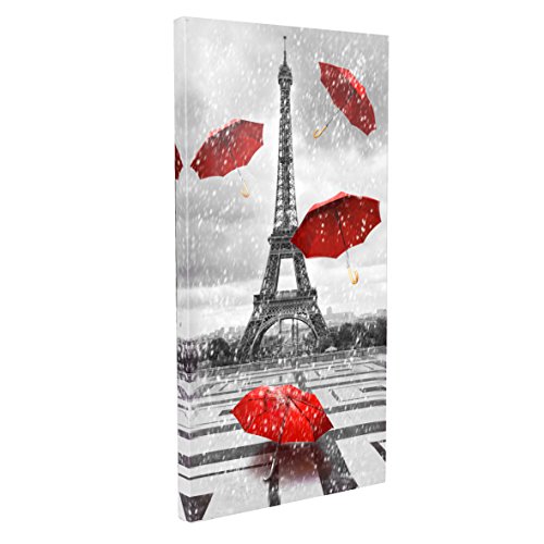Product Cover DongLin art Paris Eiffel Towel Paintings Stretched Modern Red Umbrellas on Rain Wall Art Oil Paintings for Wall or Home Decor City Paintings (Framed, 12 x 24 in)