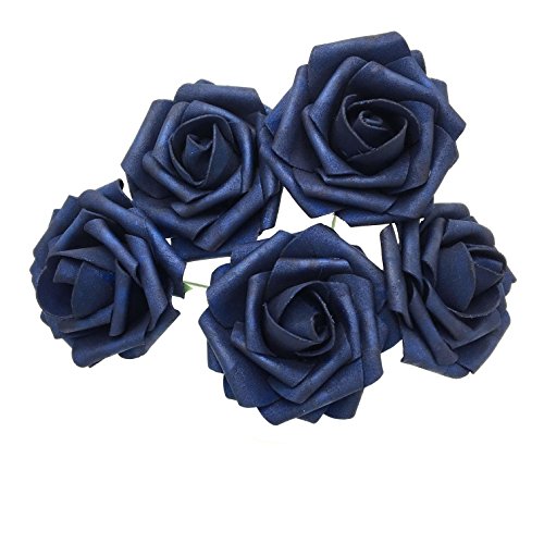 Product Cover 50 pcs Artificial Flowers Foam Roses for Bridal Bouquet Bouquets Centerpieces Kissing Balls (Navy Blue)