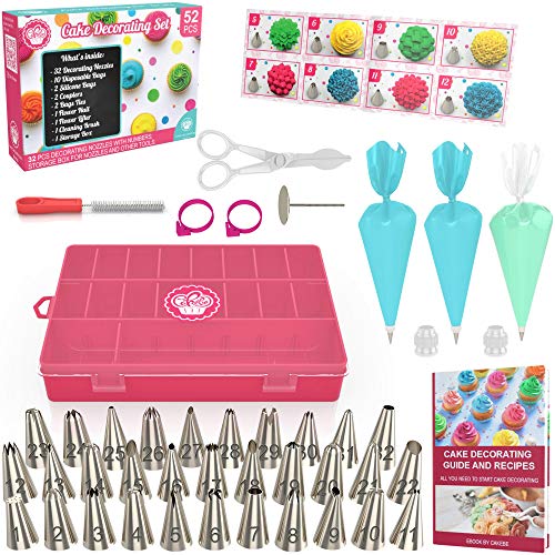 Product Cover Cake Decorating Supplies Kit 52 pcs - Icing Piping bags and Tips Cupcake Decorating Kit with 12 Frosting bags and 32 Numbered Tips - Baking Supplies and Frosting Tools Set for Cupcakes Cookies