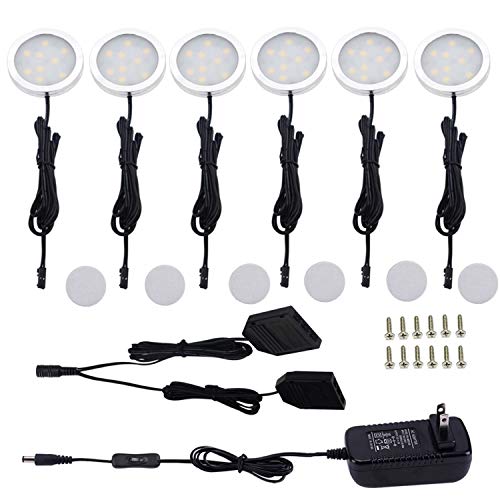 Product Cover AIBOO Under Cabinet LED Lights Kit for Accent Lighting 6 Packs Slim Aluminum Puck Lights with Switch 12Vdc Under Counter Light Fixtures All Accessories Included (12W,Warm White)