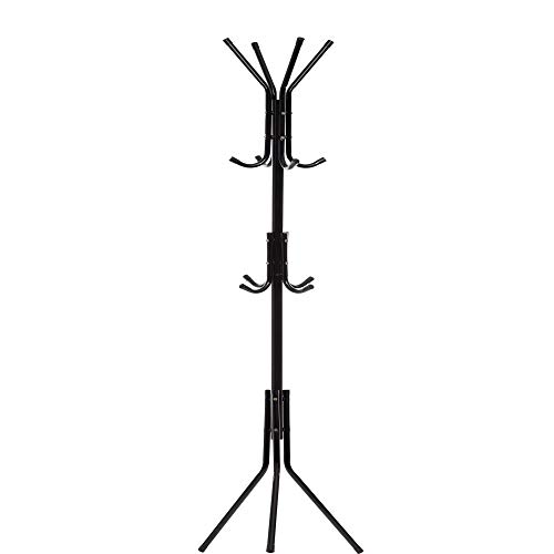 Product Cover Free-Standing Coat Rack Metal Stand - Hall Tree Entry-Way Furniture Best for Hanging Up Jacket, Purse, Hand-Bag, Cloth, Hat, Winter Scarf Holder - Home or Office Floor Hanger 12-Hooks Organizer, Black