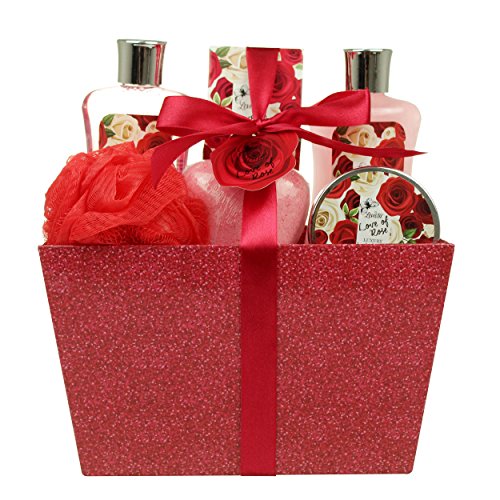 Product Cover Valentine's Day Bath and Body - Spa Gift Baskets for Women & Girls, Spa Kit Birthday Gift Includes Love of Rose Scent Shower Gel, Bubble Bath, Body Lotion, Bath Salt, Red Bath Puff and Heart Bath Bomb