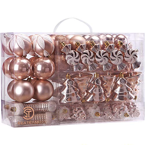 Product Cover Sea Team 77-Pack Assorted Shatterproof Christmas Balls Christmas Ornaments Set Decorative Baubles Pendants with Reusable Hand-held Gift Package for Xmas Tree (Rose Gold)