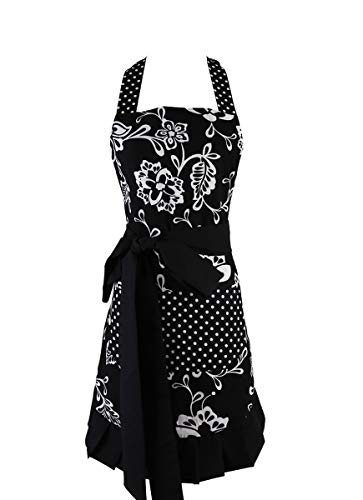Product Cover Surblue Adjustable Women Hem Apron with 2 Pocket, Extra-Long Tie,100% Organic Cotton Printing，Black (1 PC)