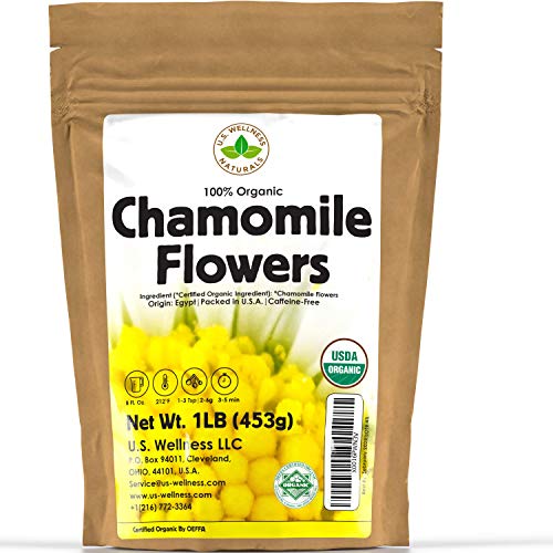 Product Cover Chamomile Tea 1LB (16Oz) 100% CERTIFIED Organic (USDA seal) Chamomile Flowers Herbal Tea (Matricaria Chamomilla) in 1 lb Bulk Kraft BPA free Resealable Bags from U.S. Wellness