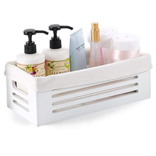 Product Cover Wooden Storage Bin Container - Decorative Closet, Cabinet and Shelf Basket Organizer Lined with Machine Washable Soft Linen Fabric - White, Extra Small