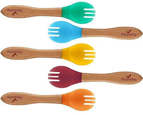 Product Cover Avanchy - Baby Feeding Fork Set, Organic Bamboo Handle and Gum-Friendly Soft Silicone Tips - 5 Pack, Assorted Colors