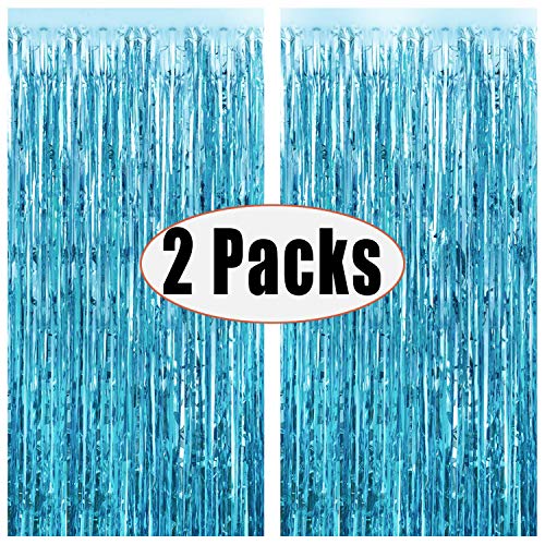 Product Cover FECEDY 2pcs 3ft x 8.3ft Light Blue Metallic Tinsel Foil Fringe Curtains Photo Booth Props for Birthday Wedding Engagement Bridal Shower Baby Shower Bachelorette Holiday Celebration Party Decorations