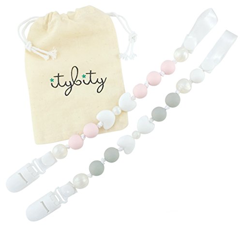 Product Cover Bow Pacifier Clip Girl, BPA Free Silicone Teether, 2 Pack (Custom Petal Pink/Warm Gray)