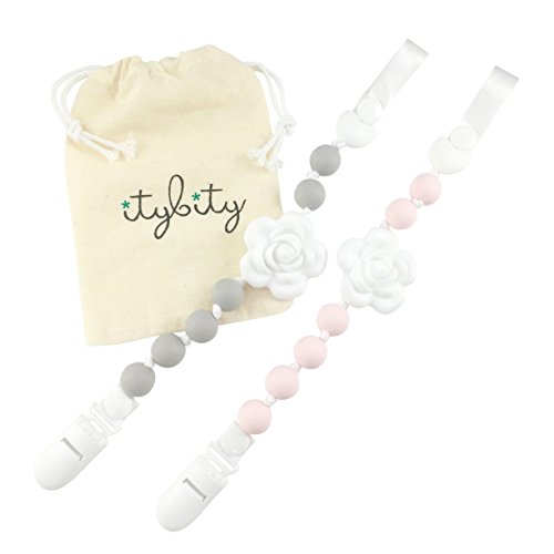 Product Cover Pacifier Clip Girl with BPA Free Silicone Teether (Custom Petal Pink/Soft Gray/White)