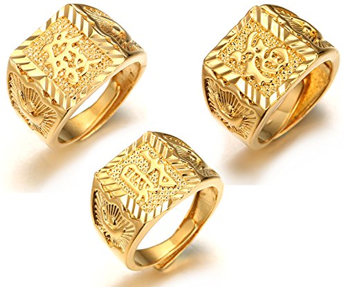 Product Cover Halukakah ● Gold Bless All ● Men's 18K Gold Plated Dense Diamond Set Kanji Ring Rich/Luck/Wealth Set Size Adjustable with Free Giftbox