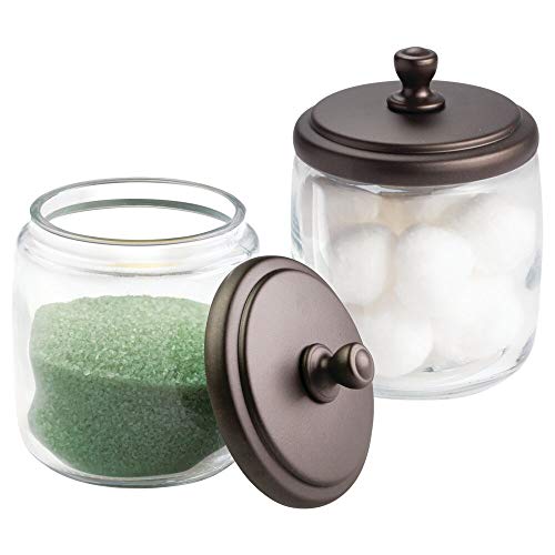 Product Cover mDesign Bathroom Vanity Glass Storage Organizer Canister Apothecary Jars for Cotton Swabs, Rounds, Balls, Makeup Sponges, Blenders, Bath Salts - 2 Pack, Clear/Bronze
