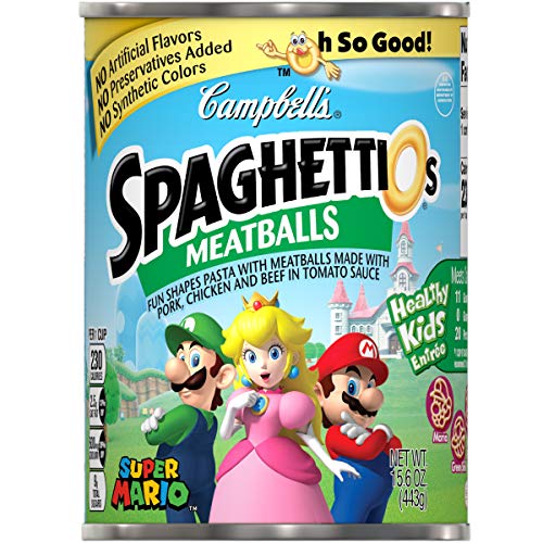 Product Cover Campbell's SpaghettiOs Canned Pasta, Super Mario Bros. Shaped Pasta with Meatballs, 15.6 oz. Can (Pack of 12) (Packaging May Vary)
