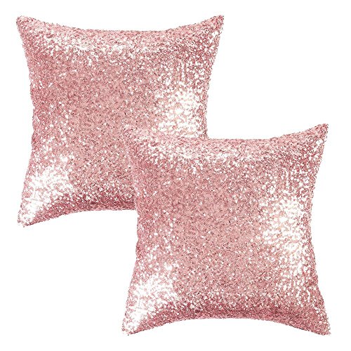 Product Cover 2 Pack,18\ x18\ , Pink : Kevin Textile Squins Decorative Cushion Cover Glitzy Sequin & Comfy Satin Solid Throw Pillow Cover 18 Inch Square Pillow Case, Hidden Zipper Design, (2 Cover Packs Pink)