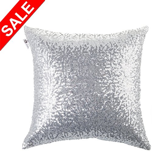 Product Cover Kevin Textile Sequins Decorative Euro Throw Pillow Cover Sham 18 x 18 Christmas Pillow Case Cushion Cover,Hidden Zipper Design,1 Pack (Silver)