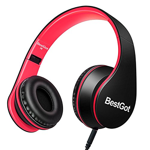 Product Cover BestGot Headphones for Kids Boys Over Ear Kids Headphones with Microphone in-line Volume with Cloth Bag Foldable Headphones with 3.5mm Plug Removable Cord (Black/Red)